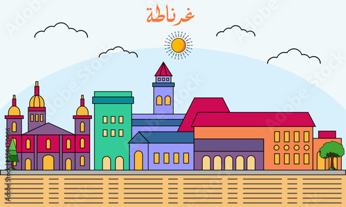 Granada skyline with line art style vector illustration. Modern city design vector. Arabic translate : Granada