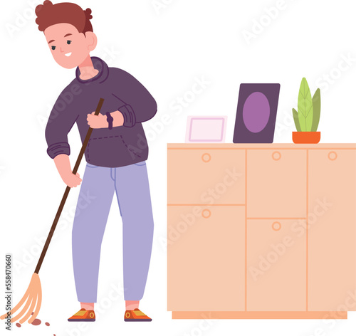 Boy dusting floor with broom. Helping kid character