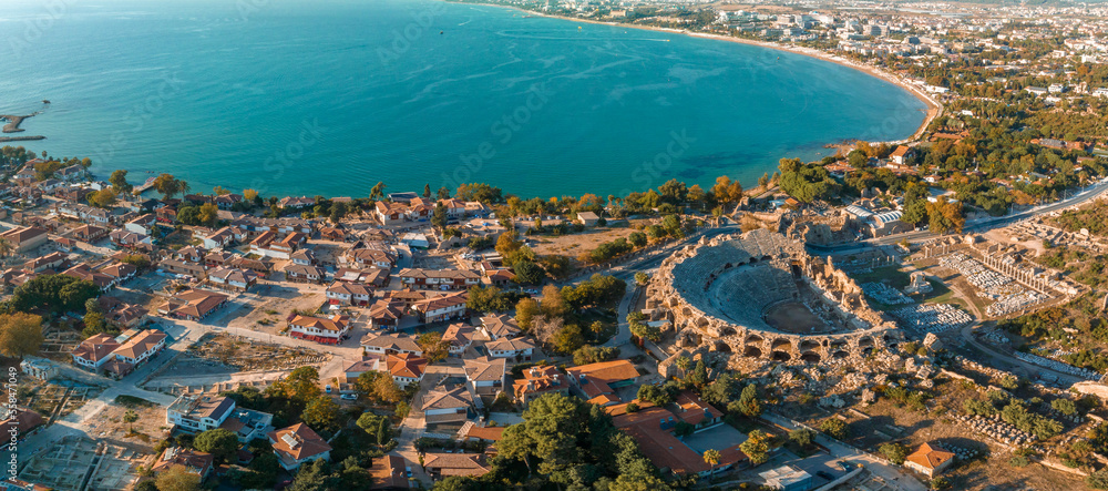 The Ancient City of Side. Port. Peninsula. Turkey. Manavgat. Antalya. The largest amphitheater in Turkey. The main street of the ancient city. Mediterranean Sea. View from above