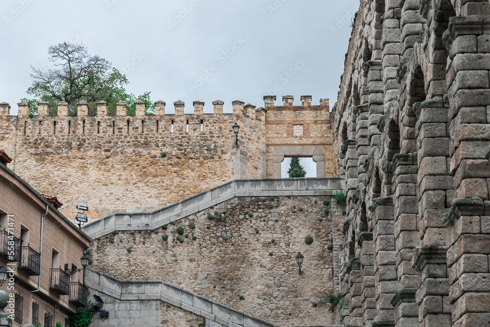 Segovia, España. April 28, 2022: Famous Segovia walls and architecture view.