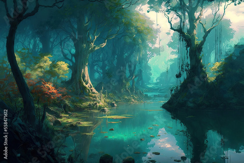 a body of water that is in the middle of a forest  deep wilderness  rivers  trees  clouds  fantasy  art illustration
