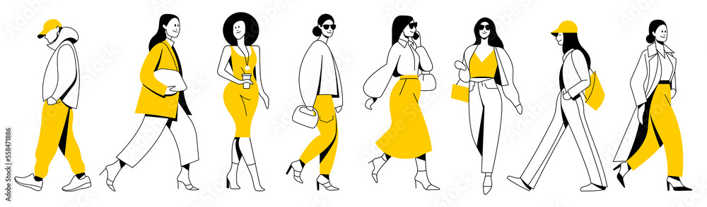vector set. group of different minimalistic linear people with bright yellow accents in trendy flat design style. useful for web, graphic design, print, mobile applications, flyers, brochures, banners vector set. group of different minimalistic linear people with bright yellow accents in trendy flat design style. useful for web, graphic design, print, mobile applications, flyers, brochures, banners