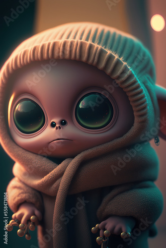 cute baby alien, big eyes, concept art illustration