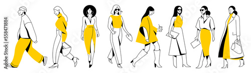 vector set. group of different minimalistic linear people with bright yellow accents in trendy flat design style. useful for web, graphic design, print, mobile applications, flyers, brochures, banners