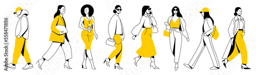 vector set. group of different minimalistic linear people with bright yellow accents in trendy flat design style. useful for web, graphic design, print, mobile applications, flyers, brochures, banners