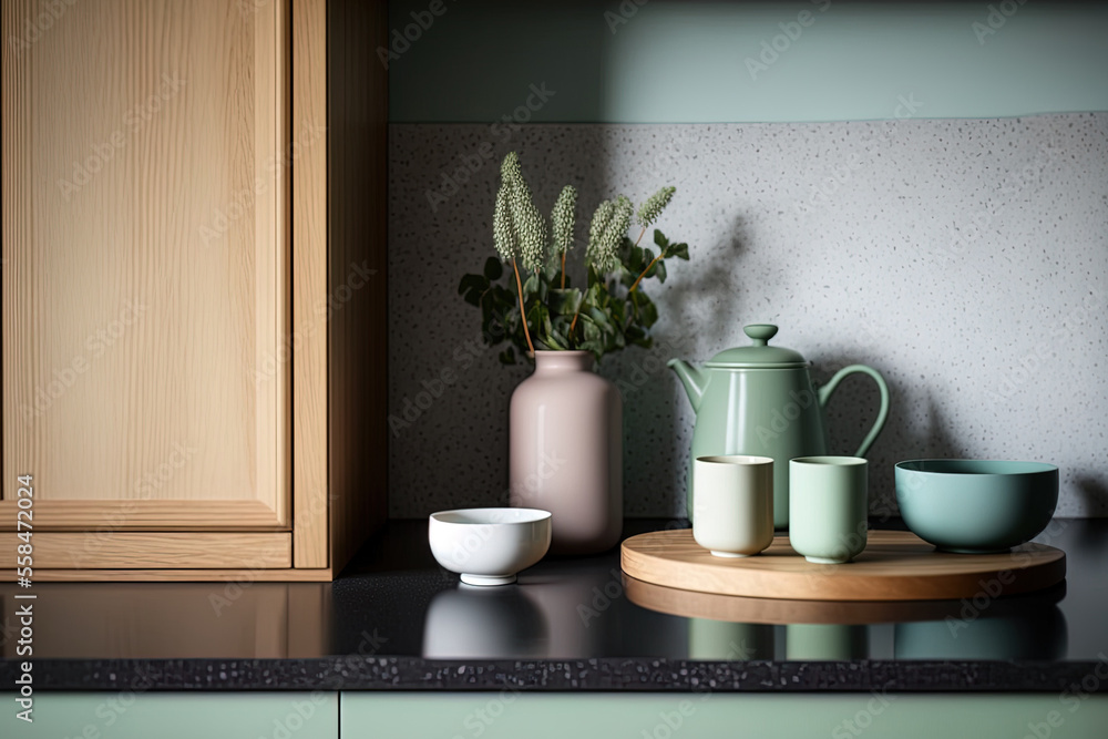 Fototapeta premium Japanese contemporary Scandinavian interior design for an apartment, including a kitchen with a green pastel counter, a wooden cabinet, and a marble countertop. interior of a kitchen counter in close