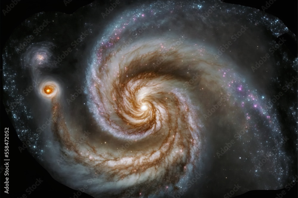 a spiral galaxy with a bright orange eye in the center of the image and ...