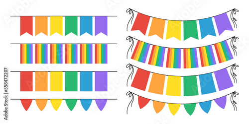 Kolorowe banery i proporce. Kolekcja tęczowych flag, symbol społeczności lgbt. Wektorowe girlandy na białym tle.
