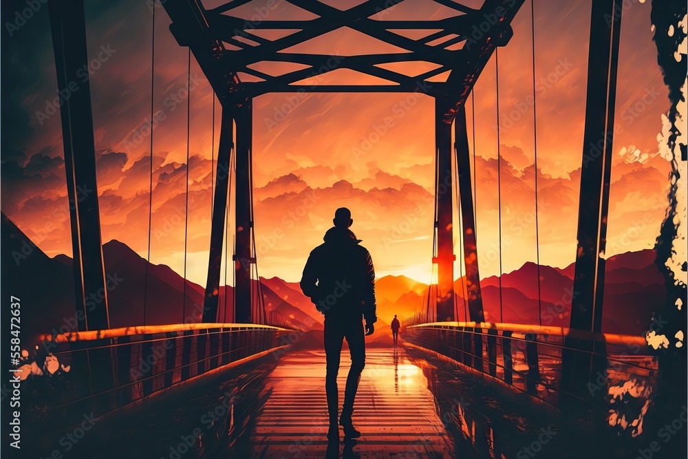 a person walking across a bridge with a sunset in the background and a ...