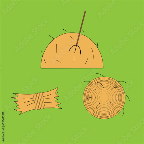 Haystack with fork, rolled haycock, and bale of hay