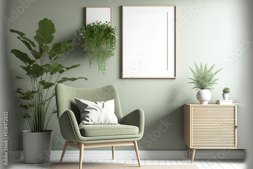 A chic interior design for a living room includes a mock up poster frame, a frotte armchair, a wooden commode, a side table, plants, and original home decor. Wall in sage green. housing staging Templa