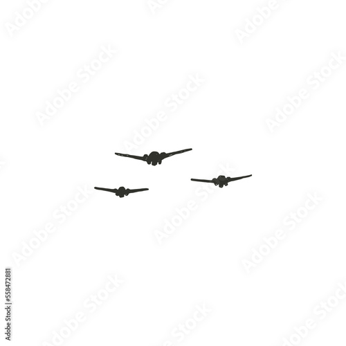 Three planes in flight. Hand drawn vector illustration isolated