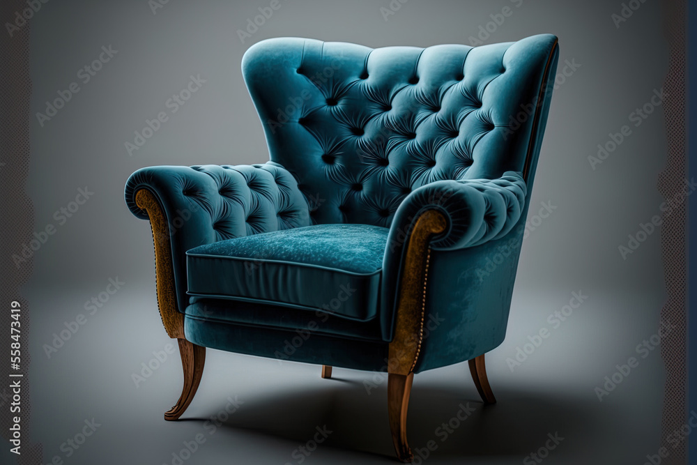 On a white background, a traditional art deco armchair with blue velvet and wooden legs is seen. Grey shadow in front perspective. many furniture types. Generative AI On a white background, a traditional art deco armchair with blue velvet and wooden legs is seen. Grey shadow in front perspective. many furniture types. Generative AI
