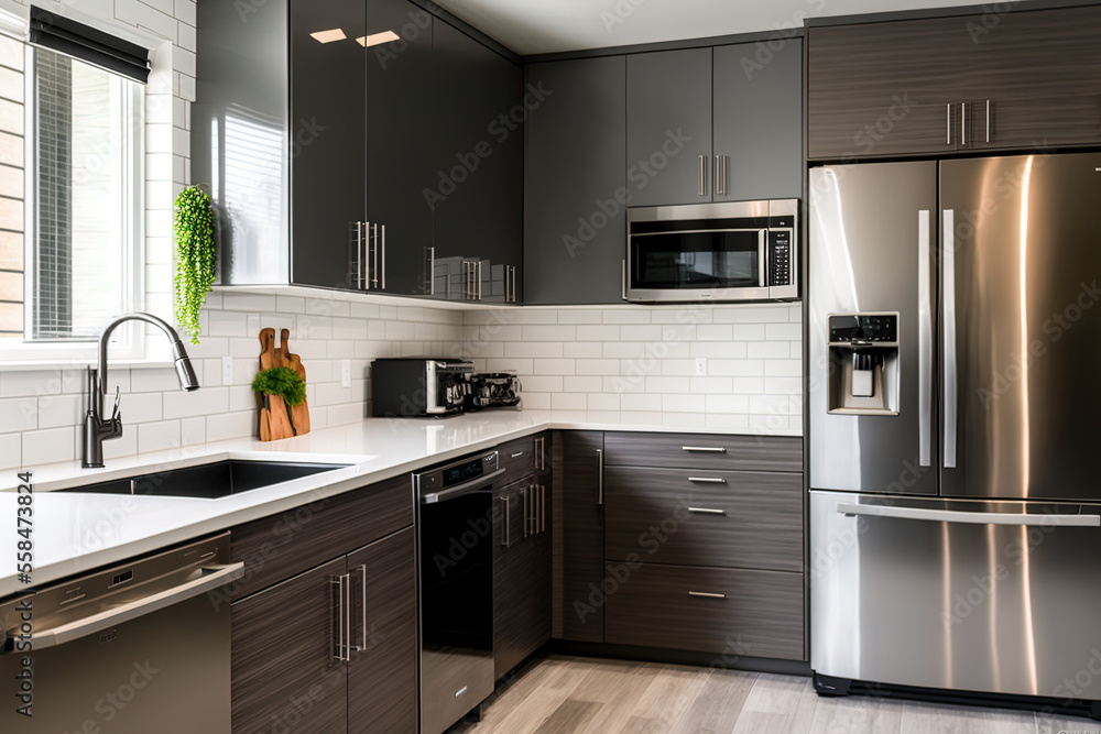 A glossy gray linear tile backsplash and dark gray flat front cabinets with white quartz counters can be found in a modern gray kitchen. Generative AI A glossy gray linear tile backsplash and dark gray flat front cabinets with white quartz counters can be found in a modern gray kitchen. Generative AI