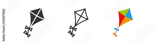 Kite icon on white background.  Colored paper kite in the sky illustration. Wind concept. Funny, happy, childhood symbol. Outline, flat, and colored style.