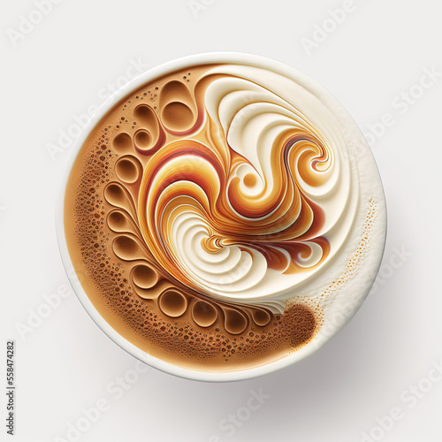 Top view of hot coffee latte art foam set isolated on white background