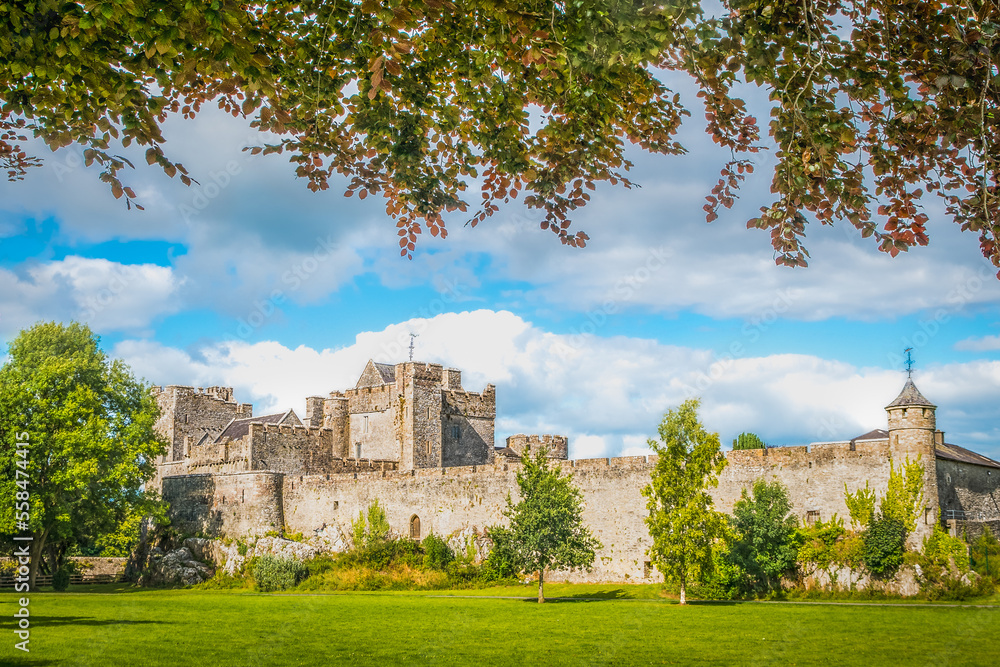 Cahir castle with its massive ramparts observed from the castle park, Ireland