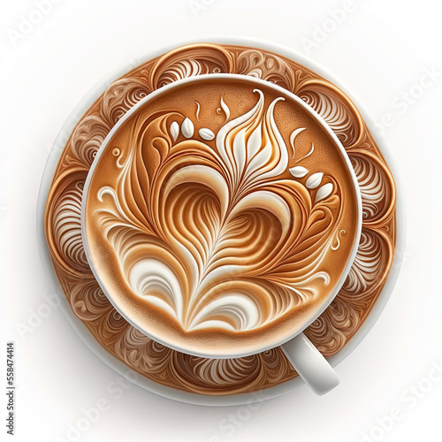 Top view of hot coffee latte art foam set isolated on white background