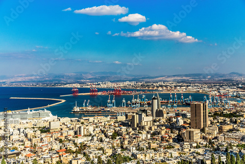 Panoramic view of the harbor port of Haifa, with downtown Haifa, the harbor, the industrial zone in a sunny winter day. Haifa, Northern Israel