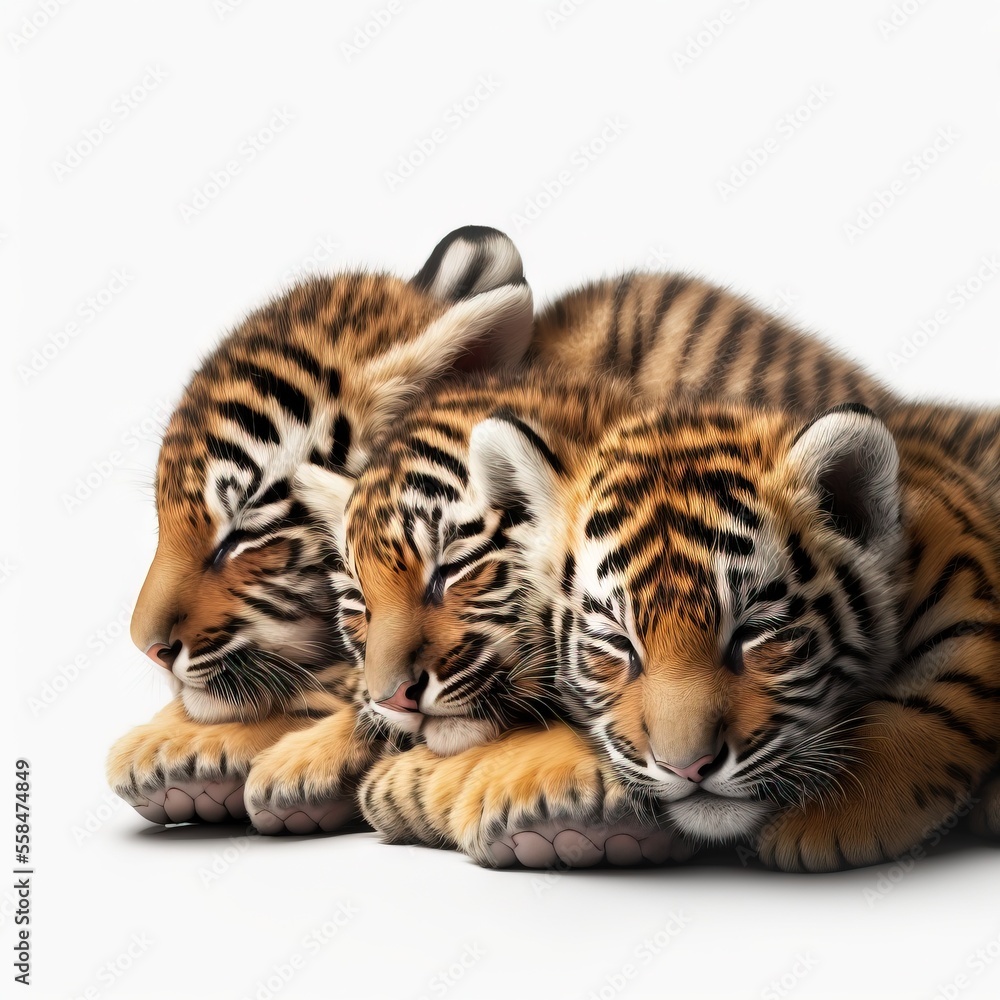 Fototapeta premium three baby tiger cubs cuddle together on a white surface with their mother's head on the back of the cubs'back paws, while the baby tiger is laying down on the other side of the other. Generative AI