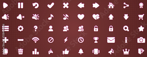 50 pink icons vector set play settings pause cancel menu retry sound music shop next back leaderboard heart down unlock badge mail notification close exit for building 2d games on mobile and web.