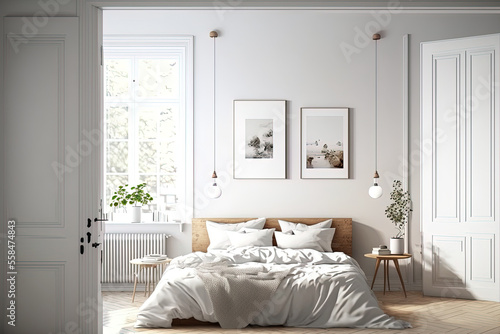 interior of a white bedroom. earthy color scheme. Generative AI © 2rogan