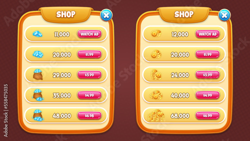 Game UI vector set - diamond and coin shop popups and buttons with editable text effects for building 2d games on mobile and web. This all-inclusive graphical user interface set is in a soft style.