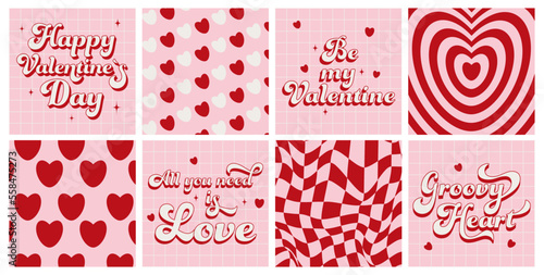 Happy Valentine`s day. Set groovy lovely cards, posters, backrounds, paterns. Trendy love slogan.  Love concept.  Trendy retro 60s 70s cartoon style. Pink, red, white colors.