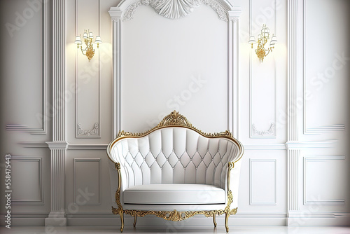 Classic interior with classic furniture and copy space. White walls with elegant cornice and moldings. electronic illustration. Generative AI photo