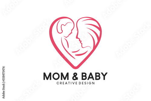 Creative abstract mama and baby silhouette vector illustration logo design