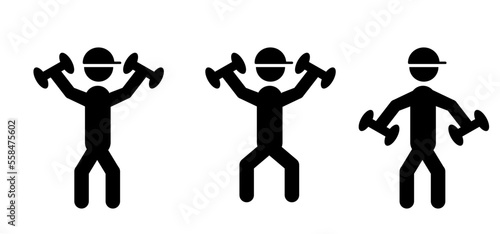 Cartoon exercise dumbbells. Stickman, stick figure man with dumbbells. Dumbbell for a sports hall. Training set. Fitness and yoga exercises. body workout. Dumbbell weight icon. Gym, powerlifting.