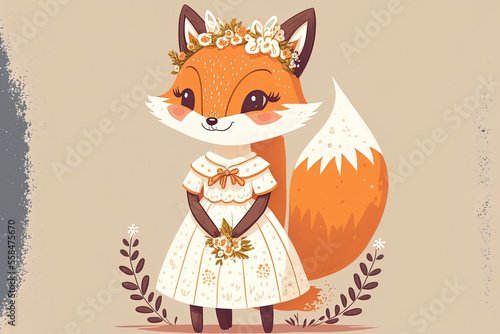 cute fox with a white dress in a cartoon. Generative AI photo