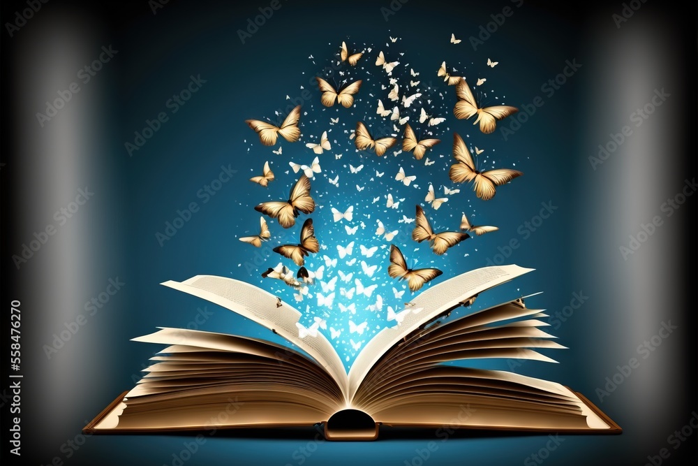 an open book with butterflies flying out of it on a blue background ...