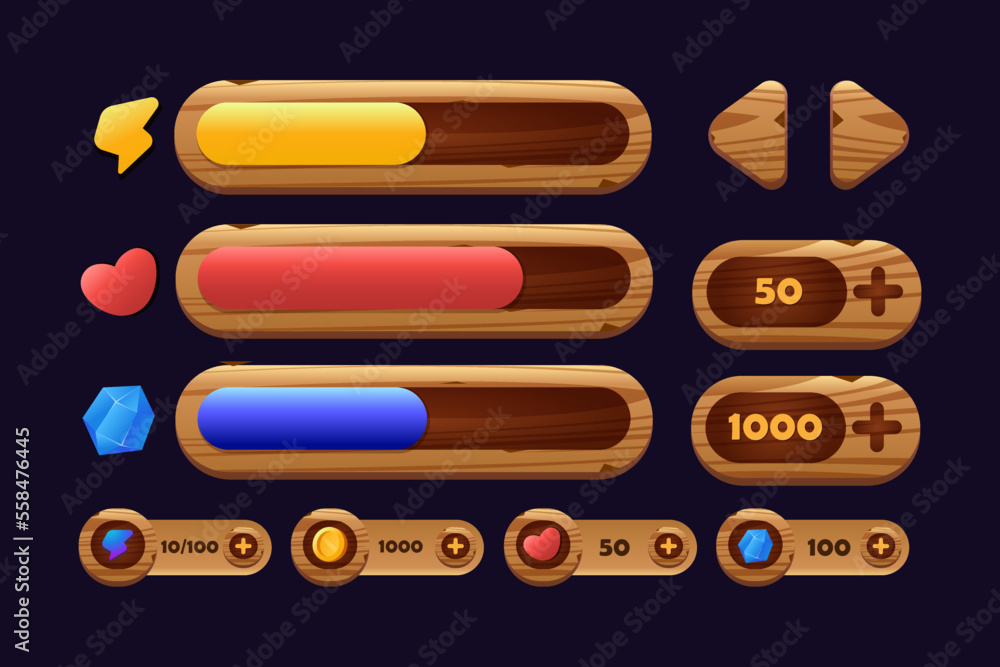 Fototapeta premium Game buttons of wooden and gold texture cartoon menu interface elements