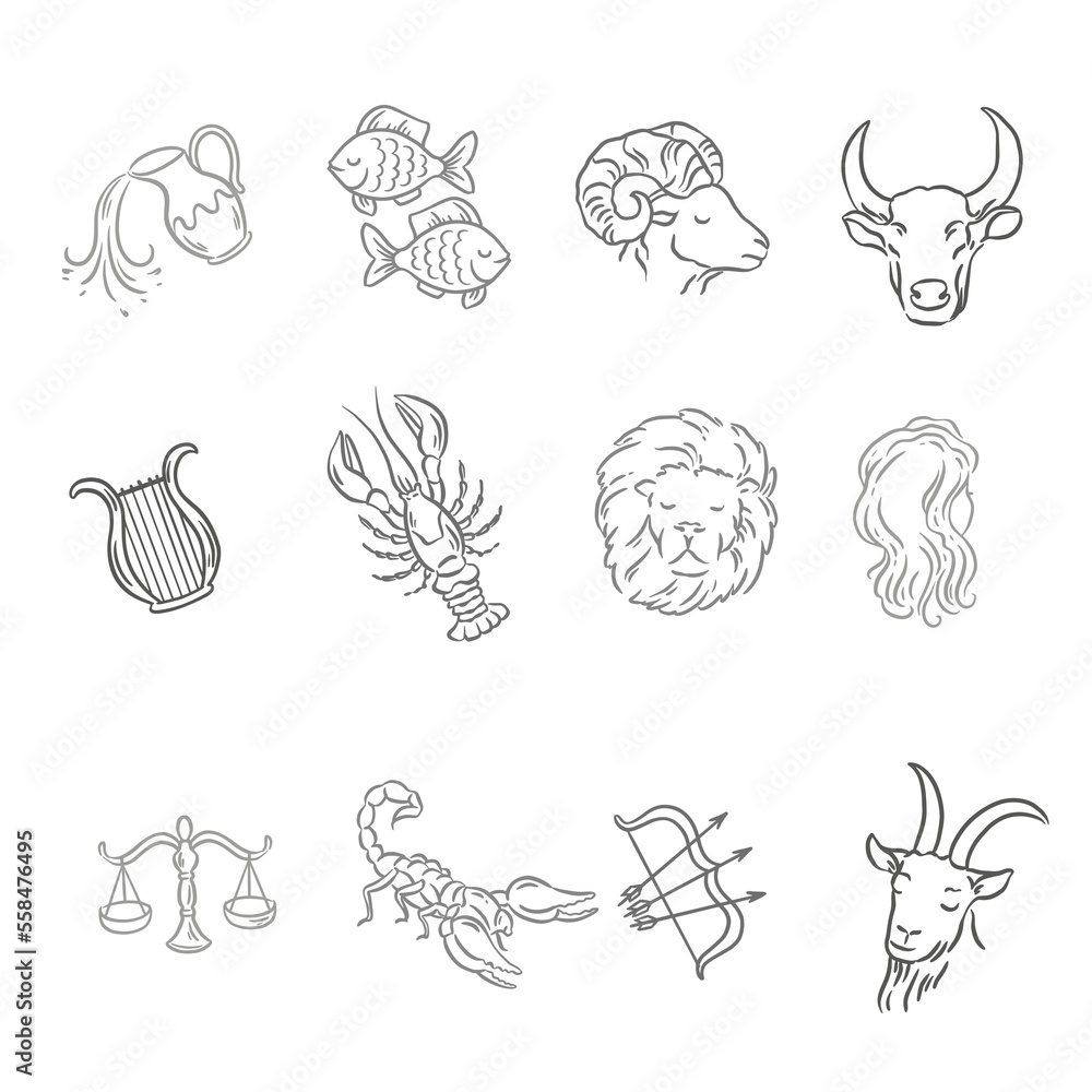 Set of outline hand drawn illustrations, zodiac signs collection
Set of outline hand drawn illustrations, zodiac signs collection