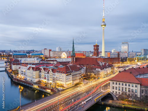 Aerial long exposure shot of Berlin city after sunset, Germany