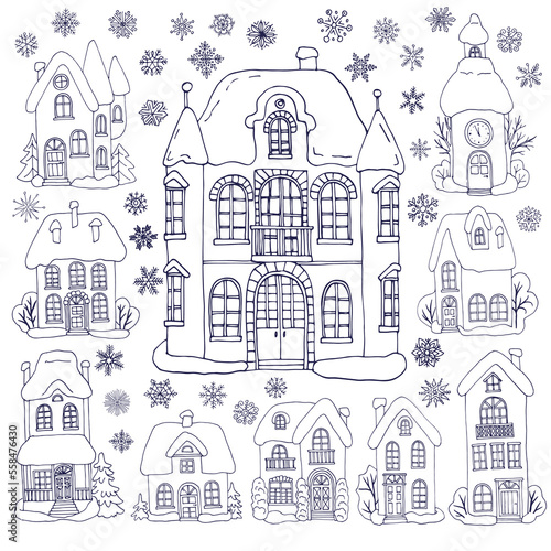 Victorian houses in winter and collection of snowflakes. New Year and Christmas holidays theme vector hand drawn line doodle illustrations
