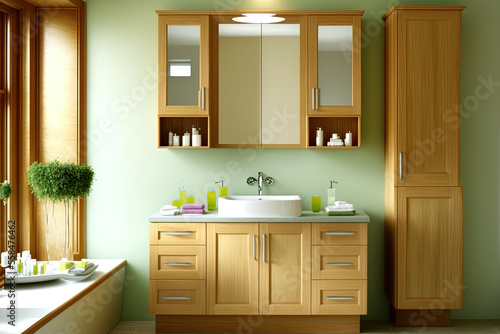 wood cabinets  a simple bathroom design  and interior decoration. Generative AI