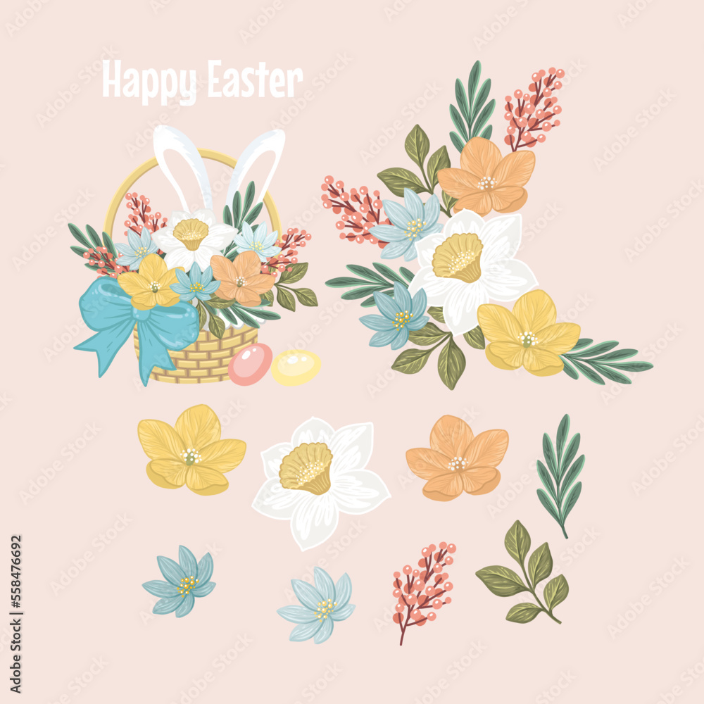 Happy Easter - a set of vector hand drawn illustrations with flowers and basket
Happy Easter - a set of vector hand drawn illustrations with flowers and basket