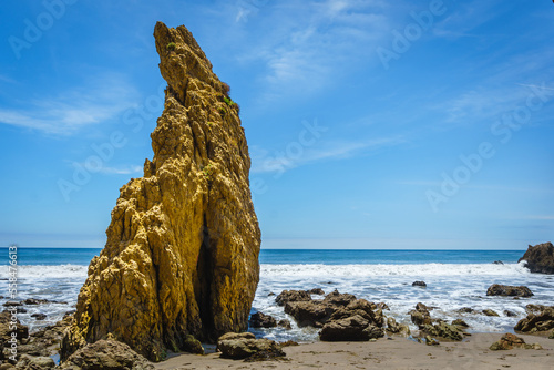 El Matador Beach along the East Pacific Coast Highway in Malibu California. The beach is a collection cliff-foot beaches and bluff top view of the eroding formations, sea stacks, caves and arches. 