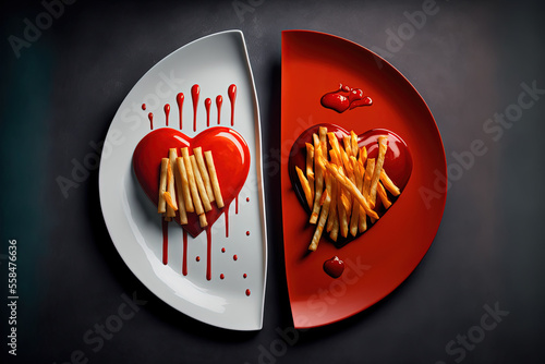 Illustration of two plates with ketchup hearts and fries. Generative AI picture.