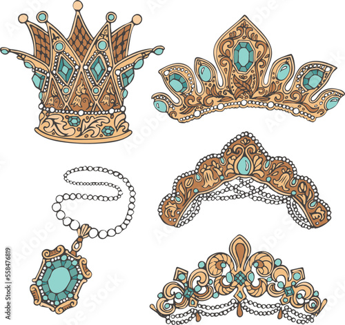 Collection of hand drawn icon of jewelry from gold and gem stones - crowns, tiaras and pendant
