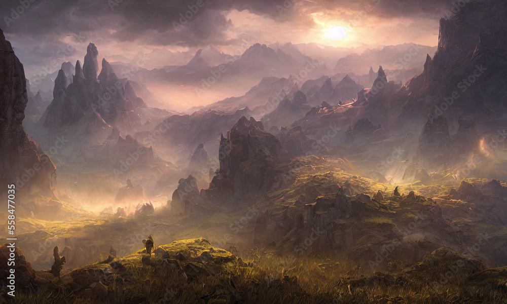 Fototapeta premium fantasy rocky mountain scenery with cloudy sky