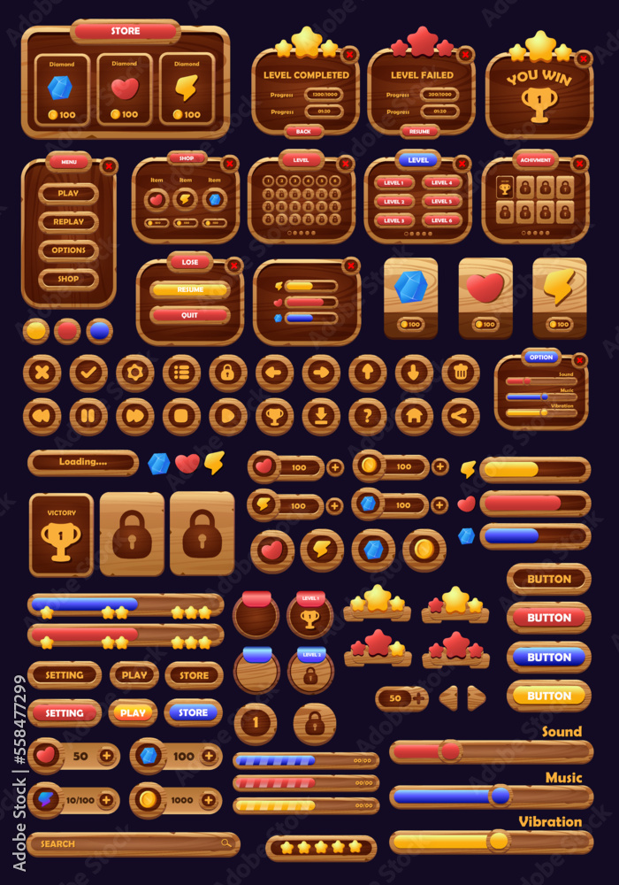 Game buttons of wooden and gold texture cartoon menu interface elements ...