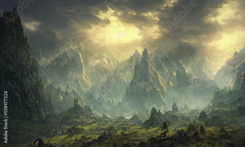 fantasy rocky mountain scenery with cloudy sky