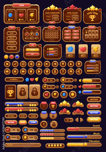 Game buttons of wooden and gold texture cartoon menu interface elements