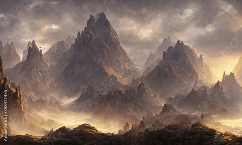 fantasy rocky mountain scenery with cloudy sky © lndstock