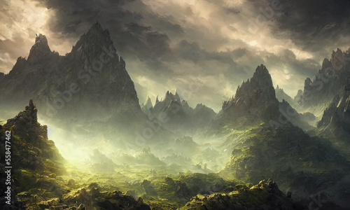 fantasy rocky mountain scenery with cloudy sky