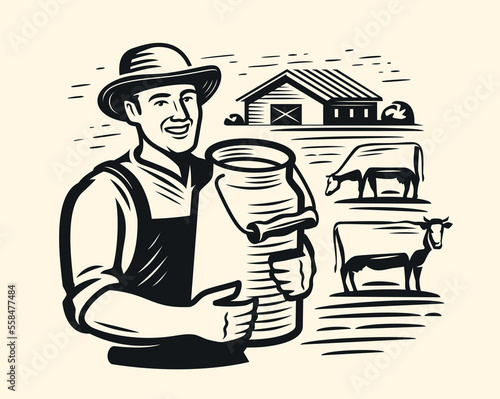 Happy farmer holding can of milk, near grazing cows and cowshed. Dairy, farm food and drink emblem. Vector illustration