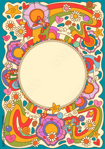 Psychedelic Summer Vintage Background. 1960s Retro Style Abstract Floral Frame